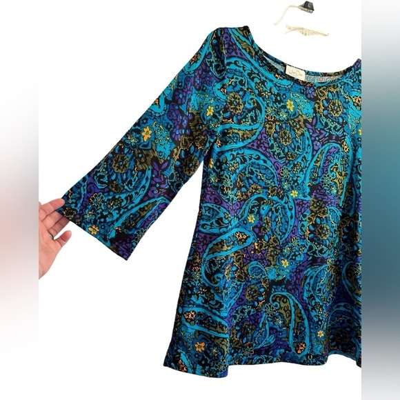 Jon Den Vibrant Paisley Blouse Womens Small Blue & Purple 3/4 Bell Sleeve Lovely - Picture 11 of 16